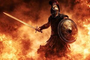 Spartan warrior attacking with sword and shield in fiery battlefield photo