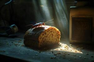 Cockroach crawling on slice of bread in dark room photo