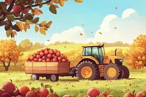 Tractor carrying apples in orchard during harvest season photo