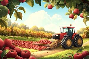 Farmer harvesting red apples with tractor in orchard during autumn photo
