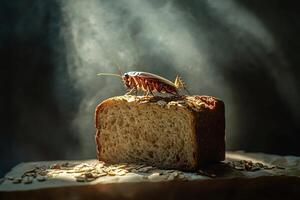 Cockroach crawling on slice of bread in dark environment photo