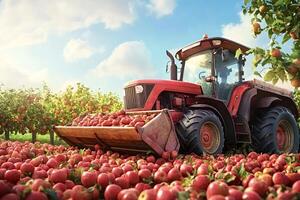 Red tractor gathering apples in an orchard during harvest time photo