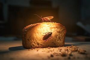 Cockroach and moth eating slice of bread illuminated from inside photo