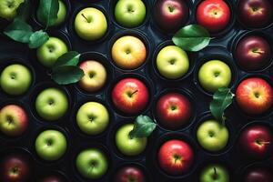 Freshly picked red and green apples displayed in a tray vibrant colorful pattern photo