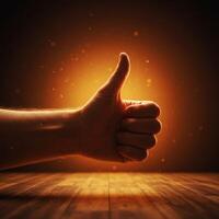Thumbs up hand on wooden table with orange light background photo