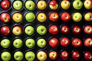 Colorful apples arranged in black containers creating a vibrant pattern photo