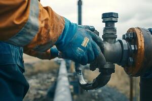 Oil worker adjusting pipeline valve in open air field photo