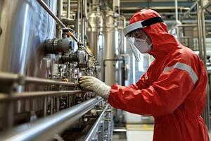 Scientist working with industrial machinery in pharmaceutical factory photo