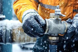Oil worker adjusting valve on pipeline in snowstorm photo