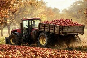 Tractor carrying apples during harvest in an orchard photo