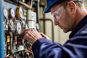 Technician checking pressure gauges on control panel in factory photo