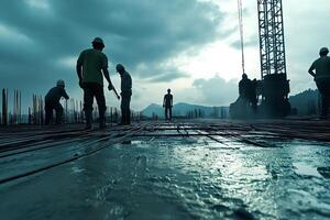 Construction workers building structure on concrete surface at site photo