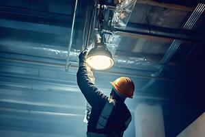 Electrician installing led ceiling light in building under construction photo