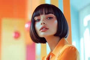 Fashion model posing with colorful background and modern hairstyle photo