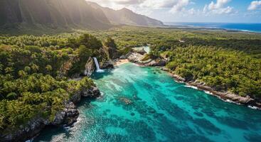 Beautiful tropical landscape with waterfall and palm trees in hawaii photo