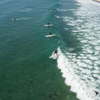 A group of people on surfboards riding waves in the ocean photo