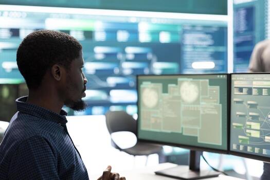 Cyber intelligence group of experts in a governmental hacking room implementing ways to protect state secrets and databases. Digital security and prevention of cyberterrorism or cybercrime. photo