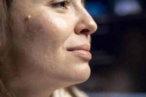 Close up of happy woman doing software quality assurance celebrating after reading source code and finding no errors. Jolly developer excited after inspecting coding on desktop PC, seeing no issues photo
