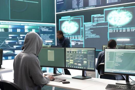 Governmental cyber defense group using advanced technology to steal and protect information, cyber operations in high tech monitoring room. Working on data protection and threat detection. photo