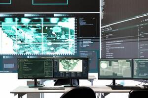 Empty governmental cyber defense and surveillance room equipped with cutting edge advanced technology. Ensuring safety from cyber attacks and digital threats with cyber security measures. photo