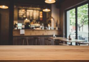 Table top in coffee shop with blurred background photo