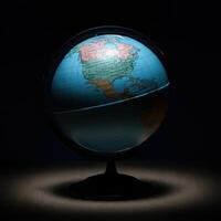 A globe on a dark table with a light shining on it photo