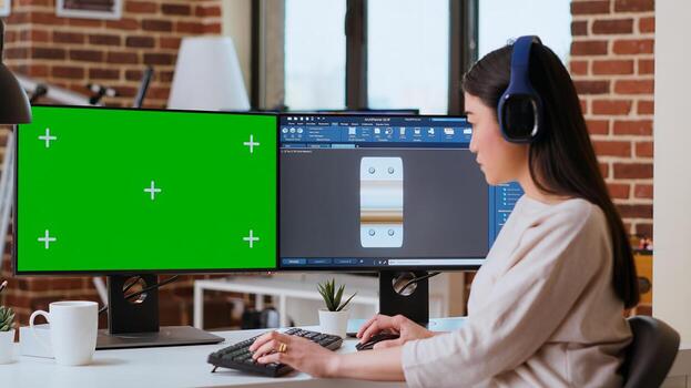 Industrial engineer works with CAD software and isolated mockup in a modern workspace at home. The setup includes dual monitors, highlighting the technical side of industrial design. Camera B. photo