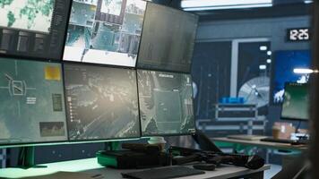 Close up of screens in empty control center housing operational missile defense system designed to intercept ballistic threats. Monitors in army headquarters used for tracking rockets with radar photo
