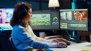 editor polishing raw footage, applying modern editing techniques in order to enhance sound and visual quality. Videographer adjusting clips while listening music in headphones, camera A photo