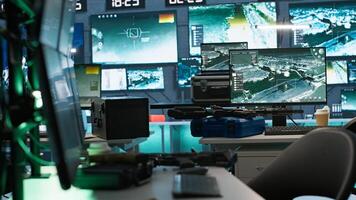 Empty army command center housing operational missile defense system designed to intercept and destroy ballistic missiles. Armed forces headquarters used for tracking rockets using radar systems photo