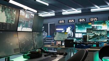 Cutting edge gear in army command center housing operational missile defense system. Armed forces headquarters used for tracking enemy aircraft entering airspace borders using radar systems photo