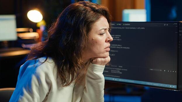 preocupado la seguridad cibernética experto haciendo pucheros después hallazgo muchos seguridad vulnerabilidades, asustado de malware infecciones ansioso desarrollador afligido por ciber ataques en computadora sistemas, cámara un foto