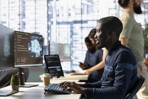 Computer scientist conducts code review to fix bugs, identifying performance and technical issues with artificial intelligence company software. IT expert in office debugs and optimizes code using AI photo