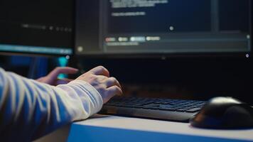 Technician doing software quality assurance, reading source code on PC before implementing it. IT admin inspecting coding on computer, looking to fix potential issues, camera B close up photo