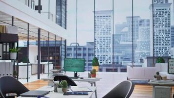 Corporate office in a high end building ready for job interviews and recruiting staff, human resources department. Empty workspace used for the recruitment process and resumes selection. photo