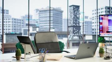 High end work environment empty office used in business industry and corporate culture, equipped with professional tools and devices. Executive power modern workspace. photo