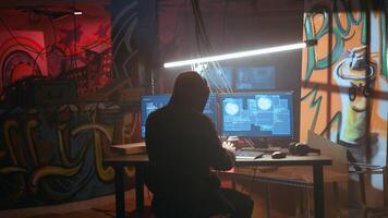 Hacker with malicious intent doing data breaches and financial theft in dark bunker. Jib down shot of cybercriminal stealing users bank account credentials, targeting low security passwords photo
