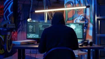 Hacker devising plan, coding malware designed to exploit network backdoors, bypassing security measures such as logins and password protections in graffiti painted bunker, dolly in shot photo