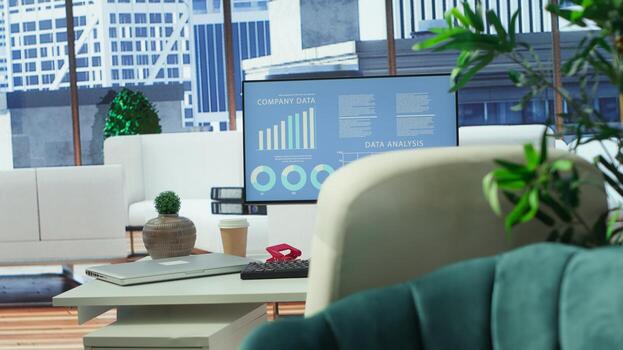 Empty modern office setup with advanced technology enhances productivity, helping professionals focus on financial strategies, performance metrics and global business objectives. photo