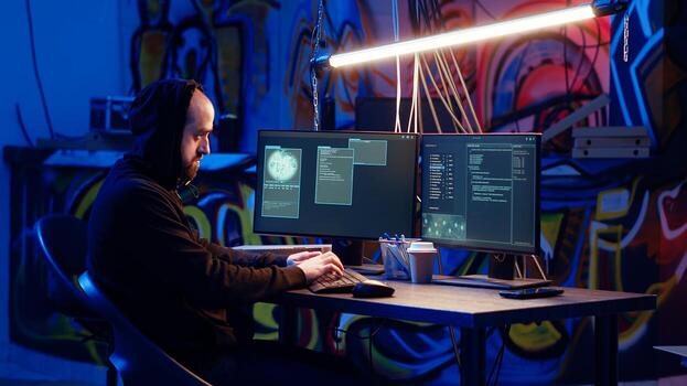 Skilled hacker deploying malware on unaware victims computers, stealing sensitive and private information, selling on darknet to highest bidder, looking at computer screen in hideout, camera B photo