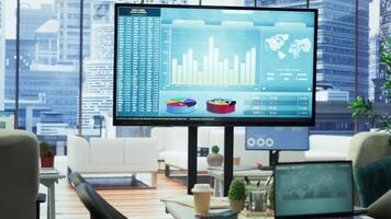 Empty luxury office space with advanced technology enhances productivity, helping employees focus on financial strategies, performance metrics and global enterprise objectives. photo