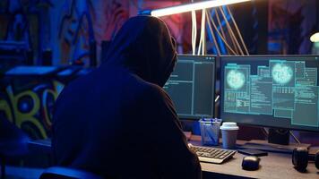 Evil cybercriminal in hidden base targeting vulnerable unpatched connections, getting past computer defenses and stealing data, dolly in shot. Hacker destroying firewalls and infecting computers photo