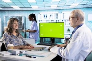 Experienced physician doing check up routine with patient next to chroma key screen, discussing about medicine and wellness. Old woman using health insurance for consultation with medic. photo