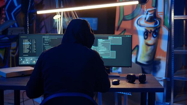 encapuchado hombre en subterráneo escondite utilizando técnico saber como de loco y explota a descanso dentro computadora sistemas y acceso valioso datos, eludiendo cortafuegos y iniciar sesión proceso, muñequita en Disparo foto