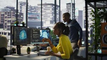 Software engineer conducts code review to fix bugs, identifying technical issues with artificial intelligence company software. African american woman debugging and optimizing code using AI, camera B photo