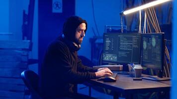 Hooded hacker creating pirating crack for software and game releases in bunker. Rogue programmer getting past anti tamper measures implemented by companies to protect their products, camera B photo