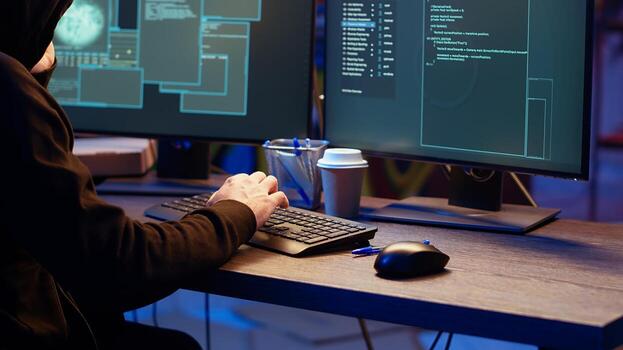 hacker ocultación en subterráneo búnker, chateando con amigo en teléfono llamar, ansioso después robando datos desde víctimas utilizando computadora virus, asustado acerca de siendo atrapado por policía, cámara si cerca arriba foto