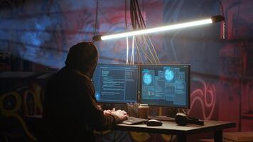 Hacker arrives in messy base of operations with neon lights and graffiti drawings sprayed on walls. Cybercriminal using ghetto hideout as HQ to commit illegal activities using computer, camera B photo