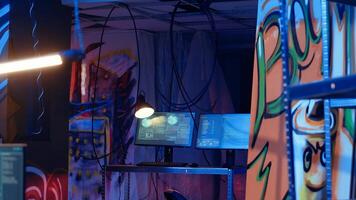 Software interface on computer screens showing developer code running in empty criminals den with graffiti sprayed on walls. Hacking malware programming in underground base photo