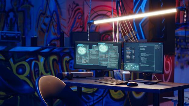 Zoom in shot of abandoned basement with graffiti drawings on walls and advanced technology computers left open running code. Underground hideout painted in grungy style used by hackers photo